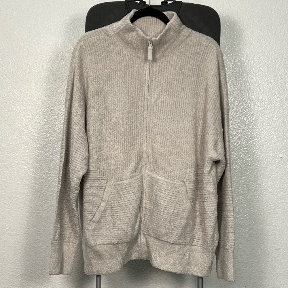 Barefoot Dreams CozyChic Lite High Neck Zip Cardigan Oyster Color Size 1X